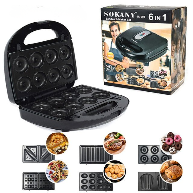 Мультипекар универсальный Sokany SK-908 6в1 для вафель/орехов/сэндвичей 750 Вт Черный (SK-908) - фото 2 Мультипекар универсальный Sokany SK-908 6в1 для вафель/орехов/сэндвичей 750 Вт Черный (SK-908) - фото 2