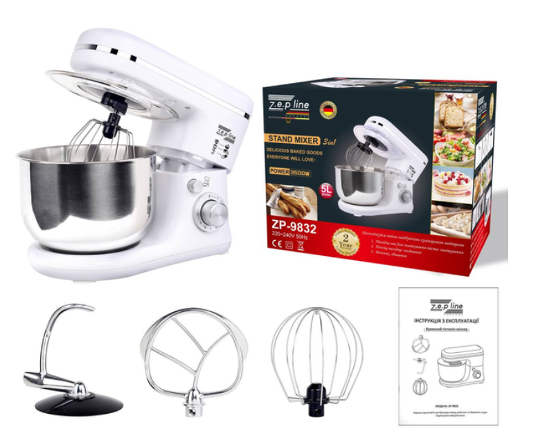 Тестомес кухонный ZepLine 3в1 ZP-9832 из нержавеющей стали 5 л 3500 Вт Белый Тестомес кухонный ZepLine 3в1 ZP-9832 из нержавеющей стали 5 л 3500 Вт Белый
