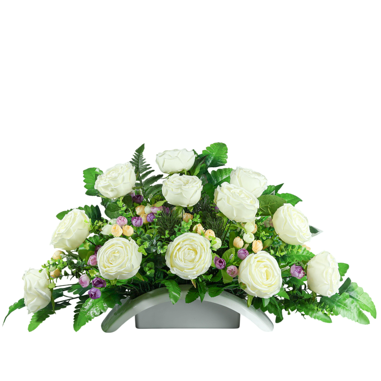 Композиція Gala decor з білих троянд в білому обтяженому кашпо 60х30 см