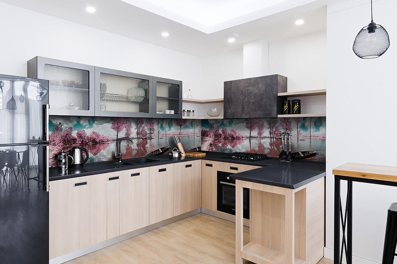 Кухонный фартук Розовые деревья из самоклеющейся виниловой пленки 65х250 см Серый