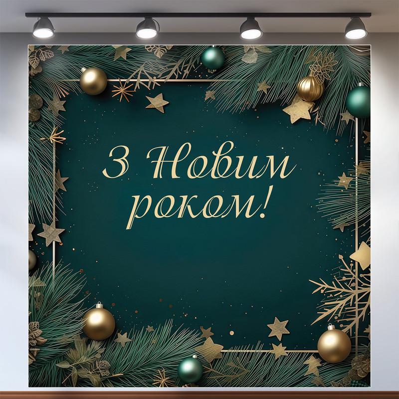 Баннер праздничный "З Новим роком!" со звездами и шариками 120x120 см №46044 Зеленый Баннер праздничный "З Новим роком!" со звездами и шариками 120x120 см №46044 Зеленый