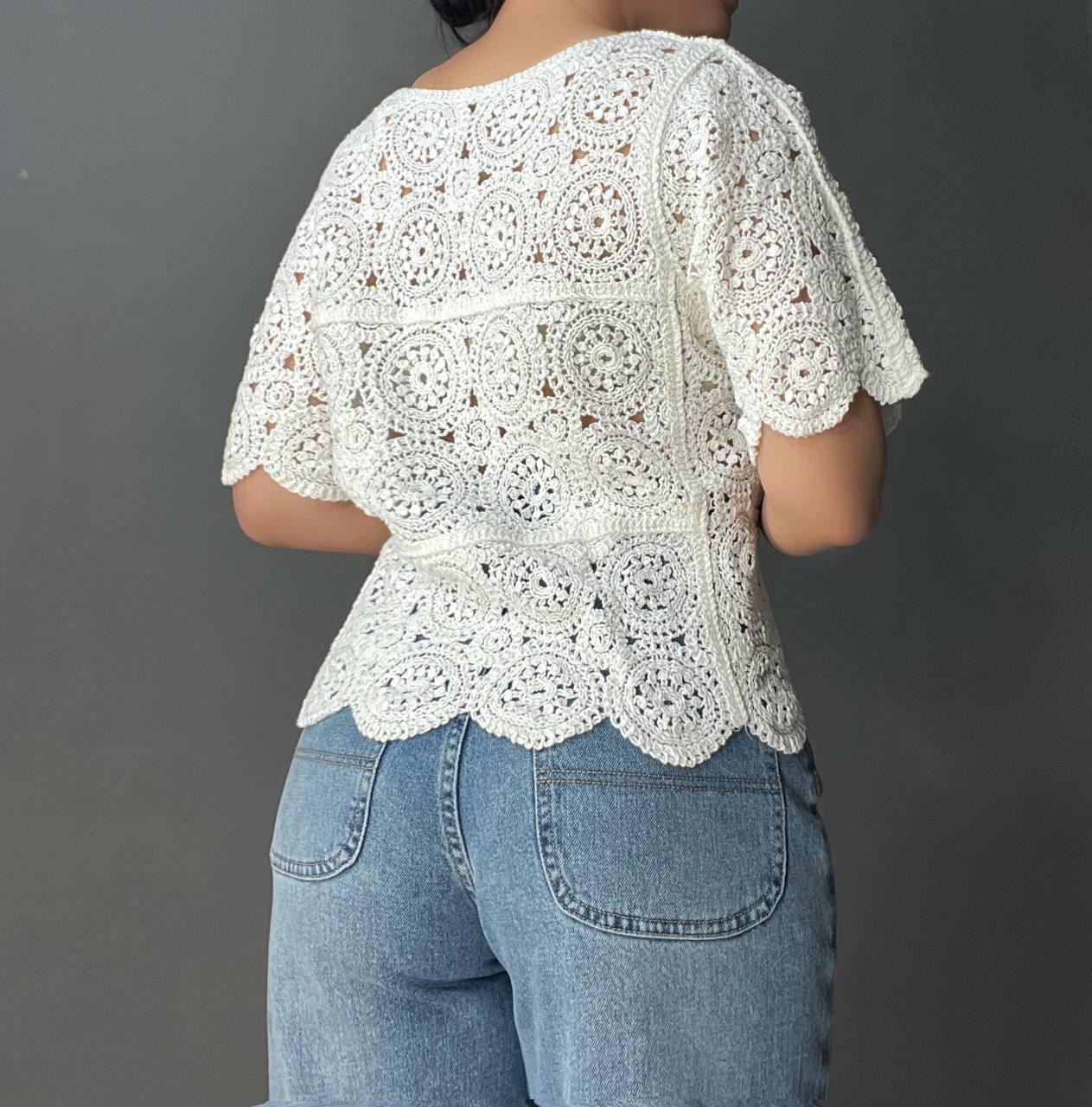 Блузка женская A-N 5303 кружевная вязаная с коротким рукавом OS Белый (26404723) - фото 5