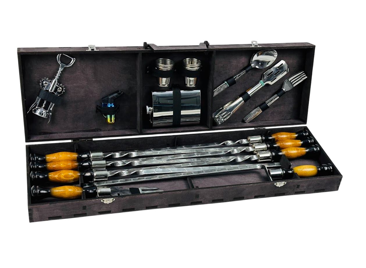 Набор шампуров ручной работы Вуд для пикника на 30 предметов из нержавеющей стали в кейсе из фанеры Черный (124-10-NB-3005)