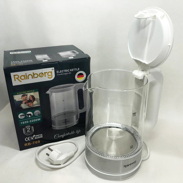 Електрочайник з підсвіткою Rainberg RB-709 скляний Білий (GR-04426)