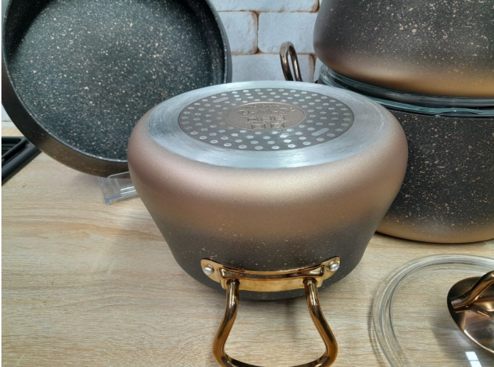 Набор посуды со сковородкой OMS с антипригарным покрытием для индукции 7 предметов Бронзовый (3041-bronze) - фото 5 Набор посуды со сковородкой OMS с антипригарным покрытием для индукции 7 предметов Бронзовый (3041-bronze) - фото 5