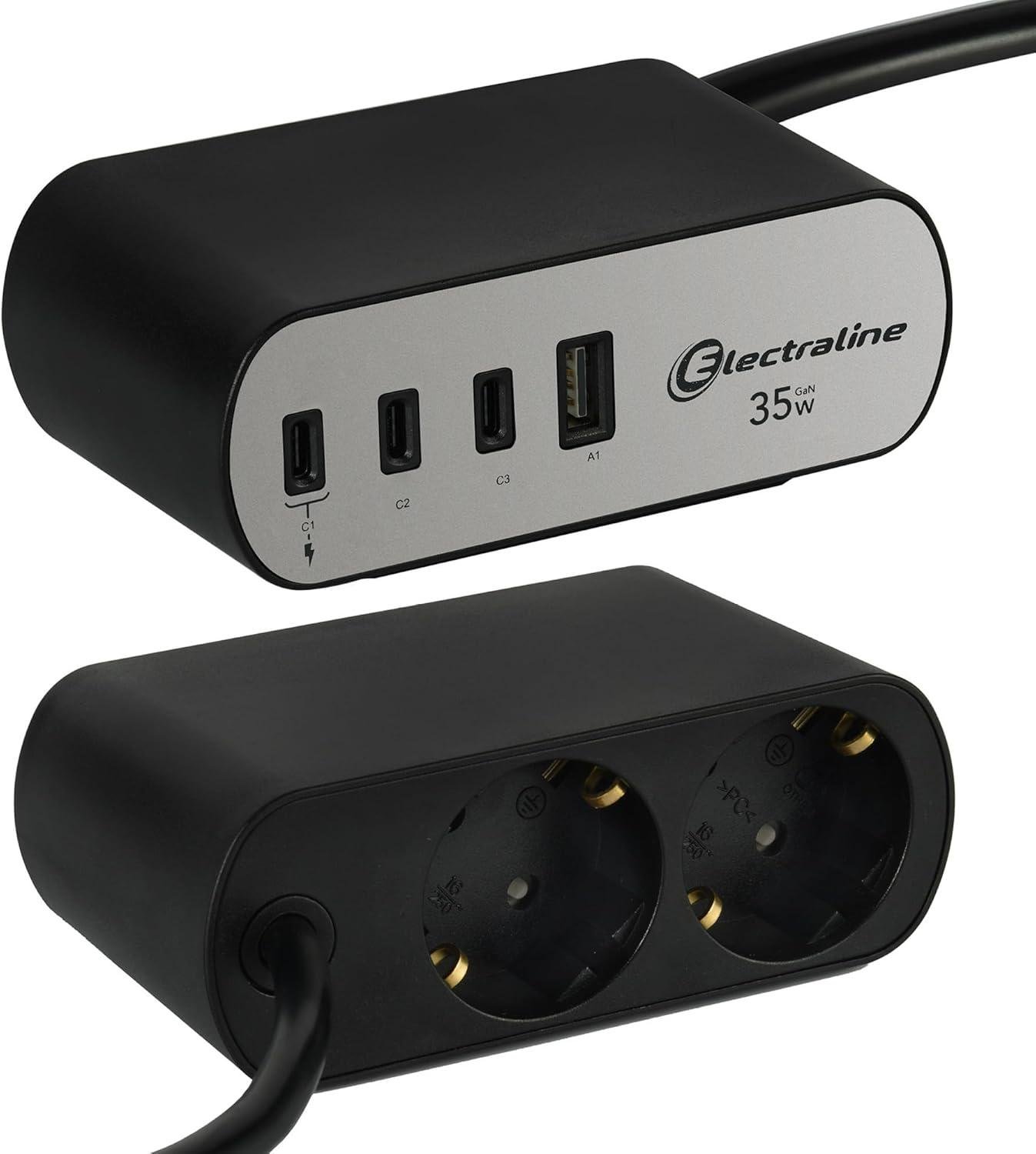 Зарядний блок із фіксатором Electraline Schuko 2 розетки 3хUSB-C PD 35 Вт /1хUSB-A 2 м Алюміній/Чорний - фото 4