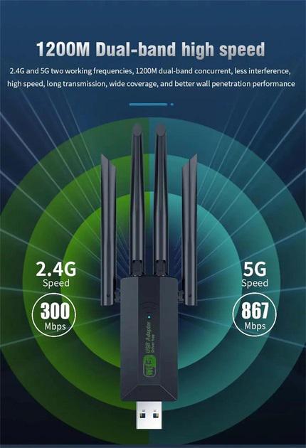 Адаптер дводіапазонний USB 3.0 Wi-Fi 5 AC 1200Mbps 2.4/5GHz з 4 антенами (U3-AC1200-4A) - фото 4