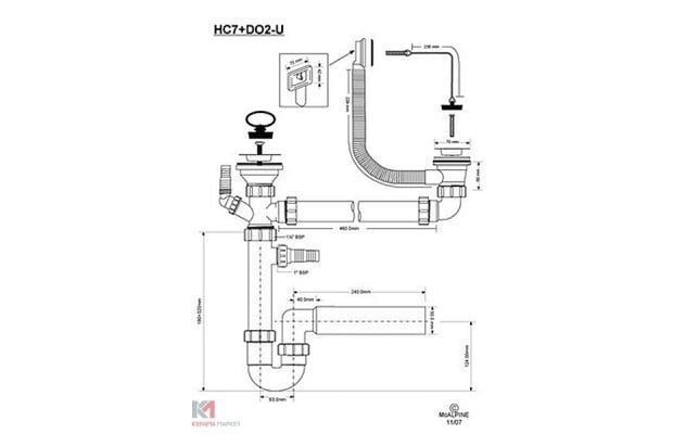 Сифон для кухонної мийки Mcalpine подвійний з підключенням до пральної машини з переливом (HC7+DO2-U) - фото 2