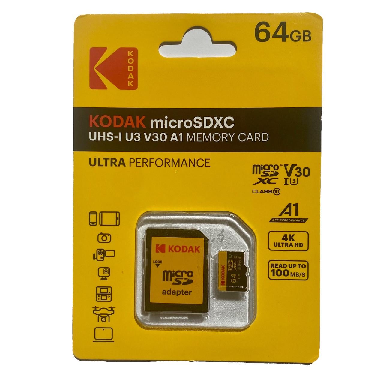 Карта памяти Kodak 64 Гб UHS-L V30 A1 Class 10 Memory Card MicroSD (2290581723)
