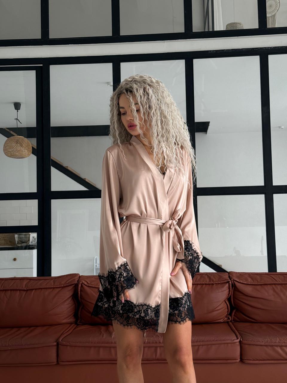 Халат женский шелковый с кружевом Персиковый (2533884047) Халат женский шелковый с кружевом Персиковый (2533884047)