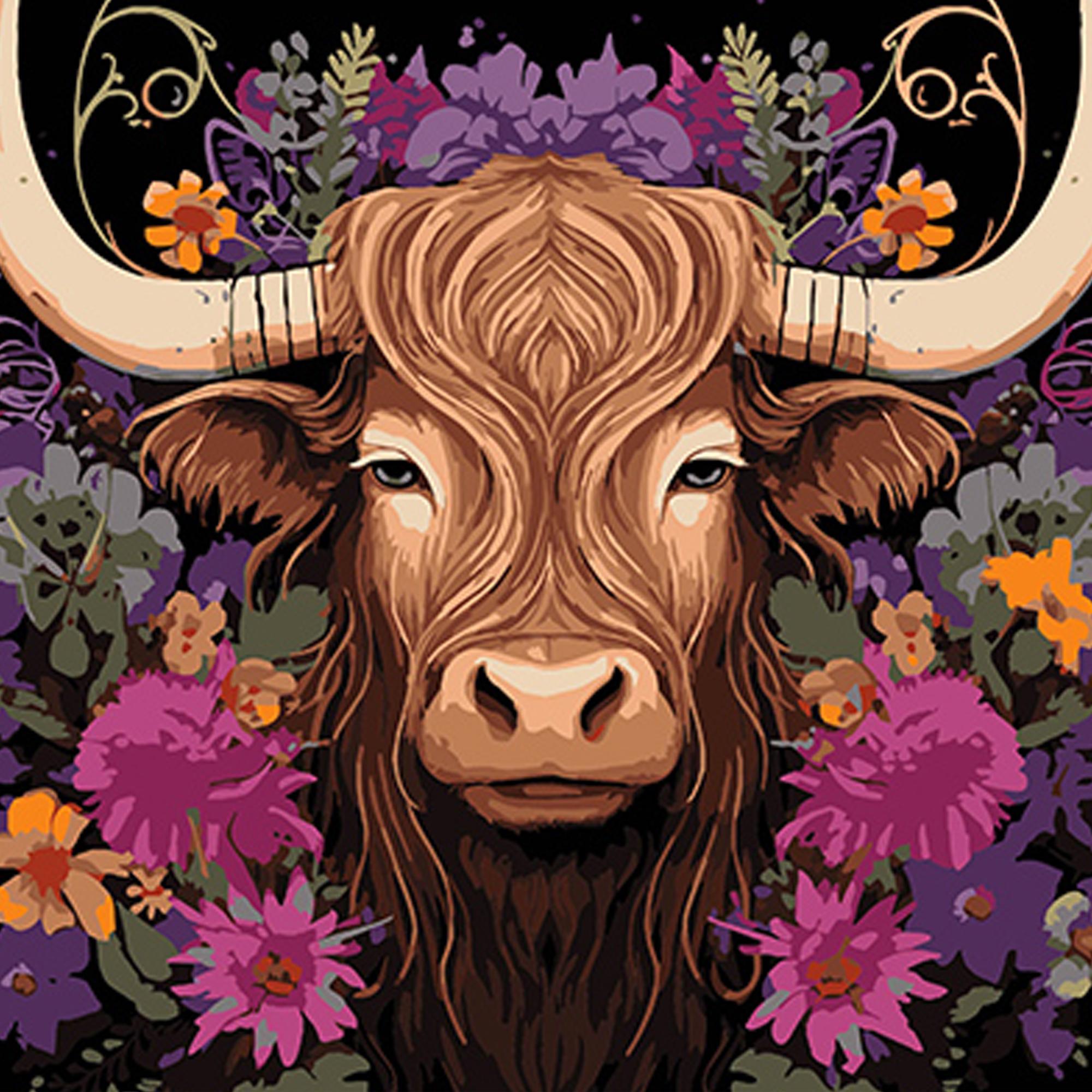 Картина по номерам Strateg Премиум Корова в цветочной красоте на черном фоне 40х40 см (AV4040-72)