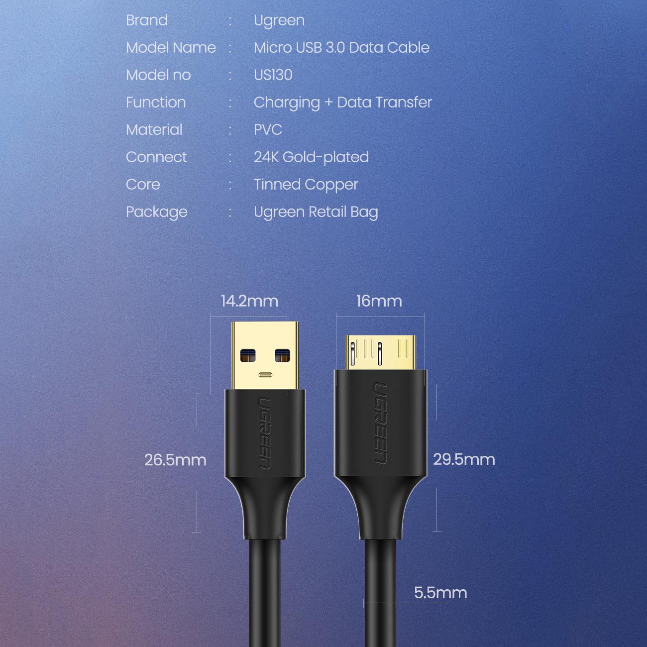 Кабель для камеры жесткого диска телефона UGREEN US130 Micro USB 3,0 на USB-A 3,0 1 м Black (10841) - фото 7