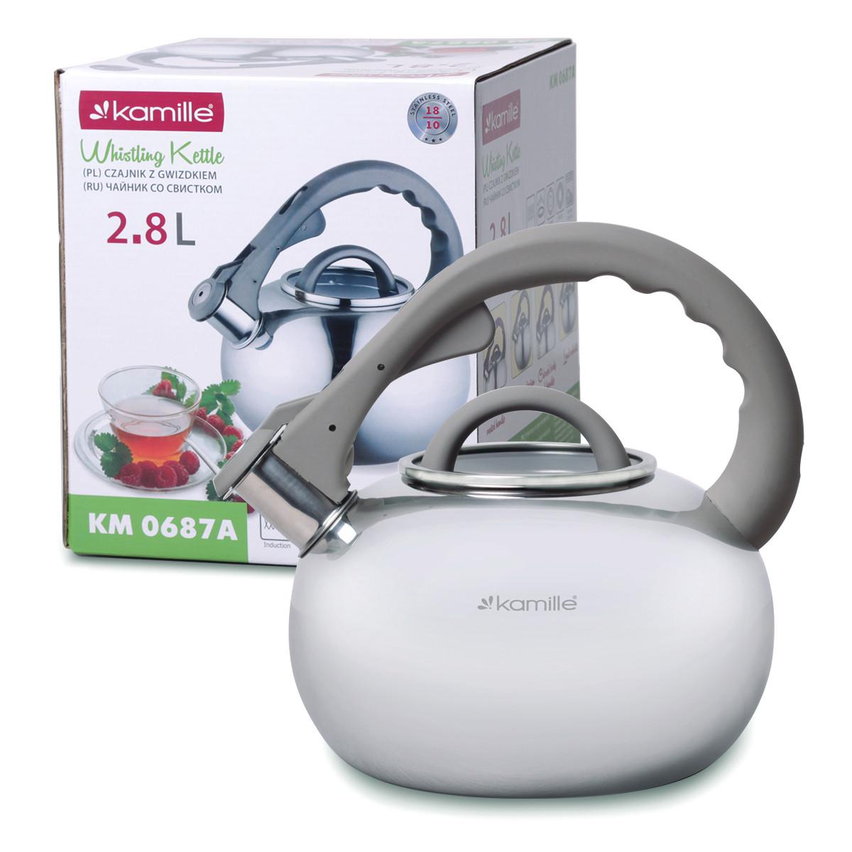 Чайник Kamille KM-0687A из нержавеющей стали со свистком и стеклянной крышкой 2,8 л Серый (1678554579)