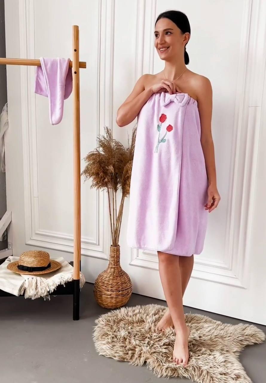 Халат-рушник жіночий банний мікрофібра Бузковий (П4К-saunew-004-02)