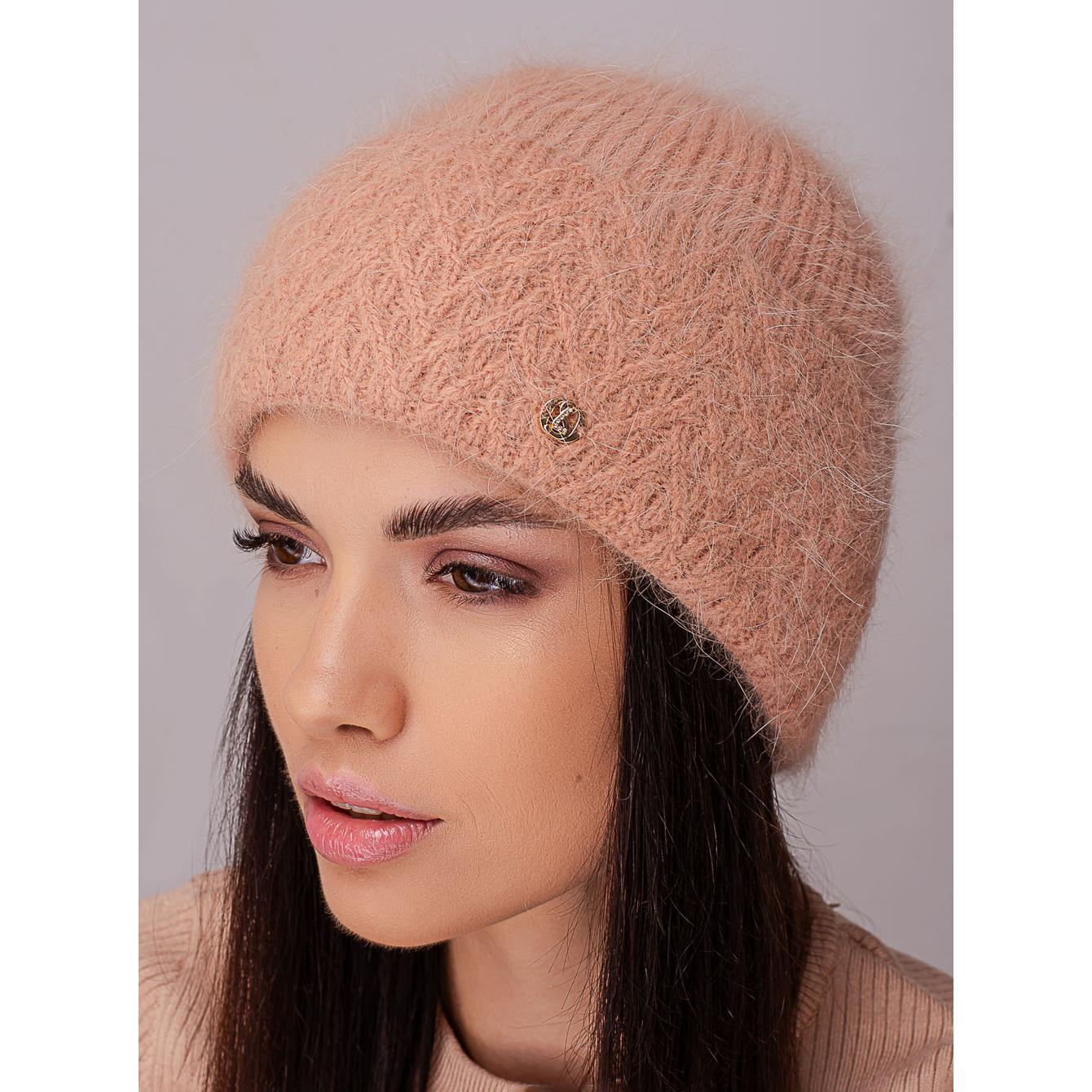 Шапка ангорова жіноча з флісовою підкладкою і візерунком на відвороті Leks Марі Горіховий - фото 1