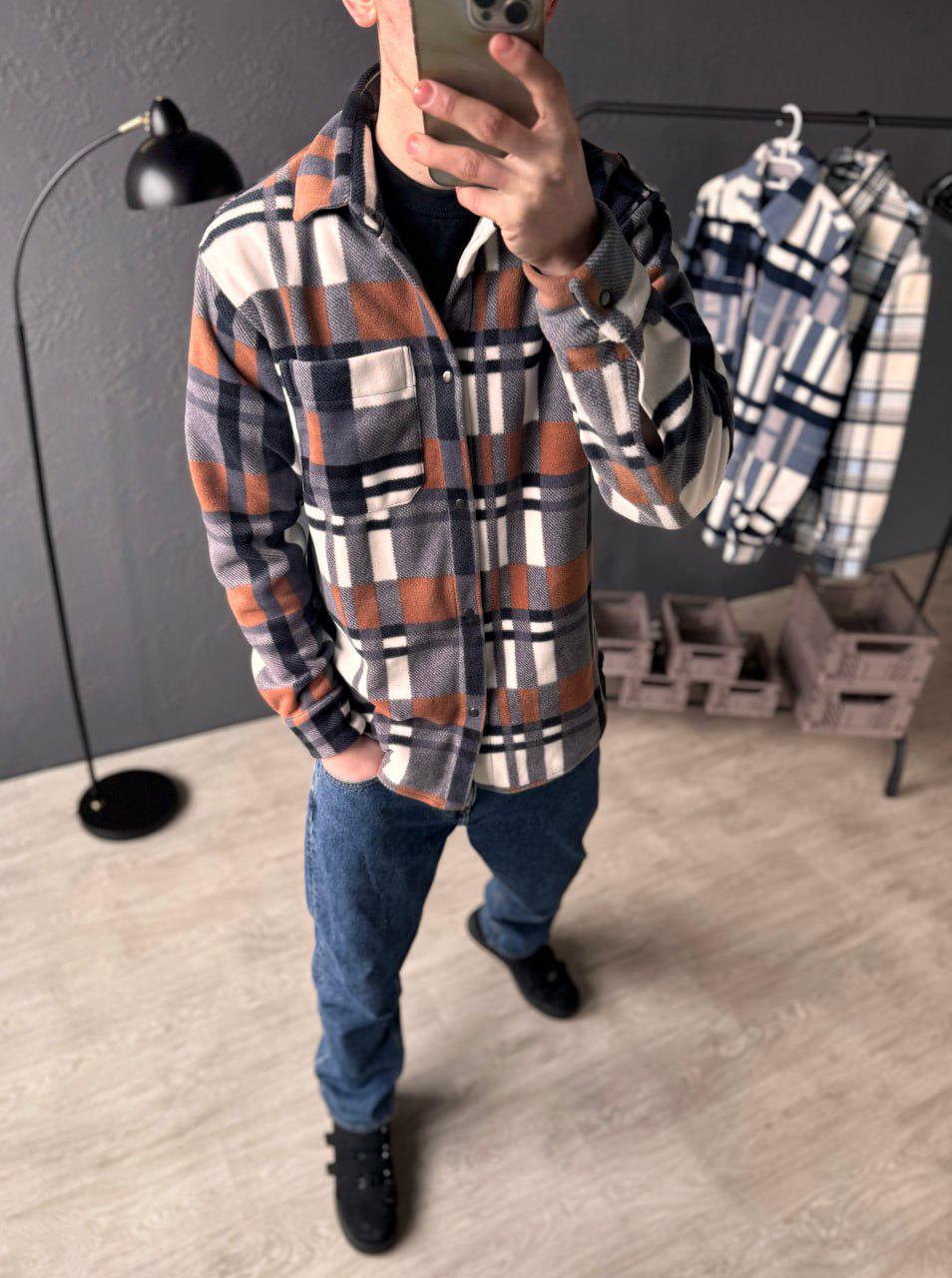 Рубашка мужская весенне-осенняя флисовая S Бело-оранжевый (G0016/1/1) - фото 3