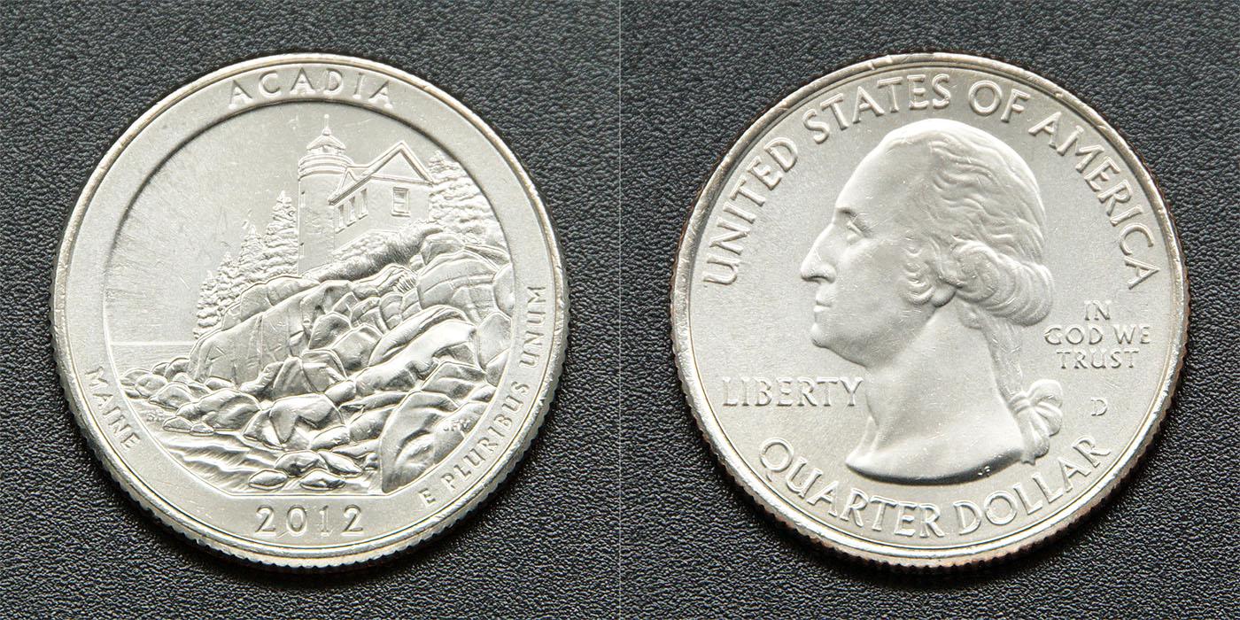 Коллекционная монета США 2012 25 центов Аккадия Мен D а UNC