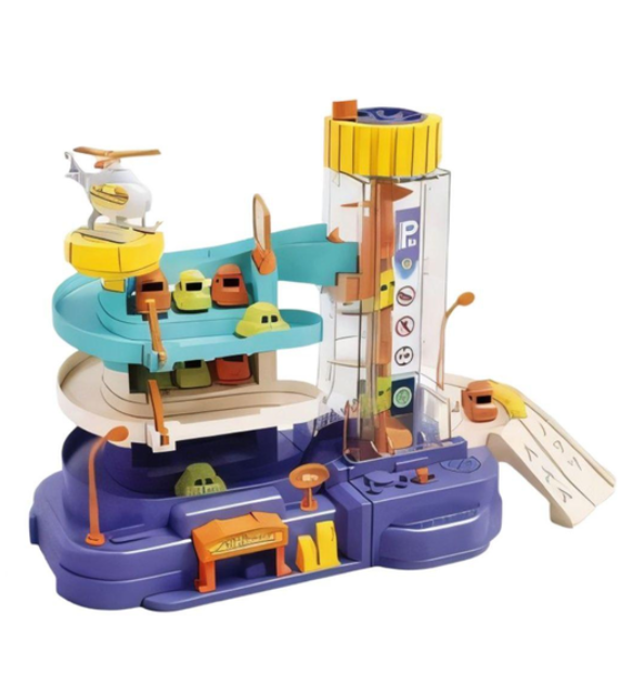 Трек 31-25 трехуровневый механический подъемник/4 мини машинки/вертолет/аксессуар в коробке