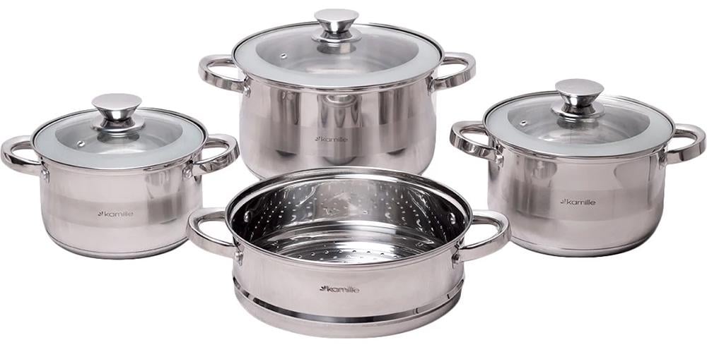 Набор кастрюль Kamille Springfield 3 шт. 2,9/39,/6,5 л с крышками + пароварка Ø 24 см (KM-4502S)