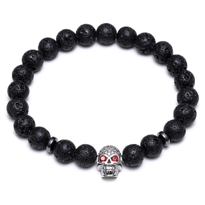 Браслет из лавового камня с черепом р. 23 Серебряный/Черный (14011)