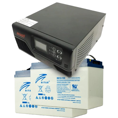 Источник бесперебойного питания с аккумуляторами Must EP20-R1000W и 2xRitar DG12-100 12V 200 Ah 1000 Вт с чистой синусоидой (30492723)
