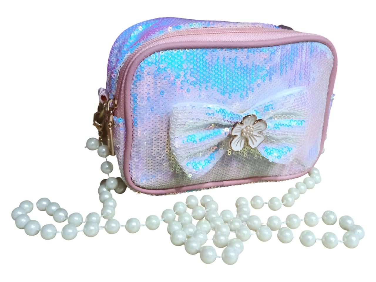 Сумка дитяча через плече з намистинами голографічна Рожевий (25-567)