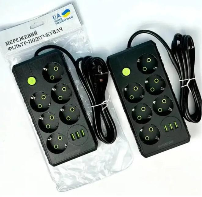 Подовжувач UA Power F17U 3USB на 6 розеток 6 м чорний (021742) - фото 2