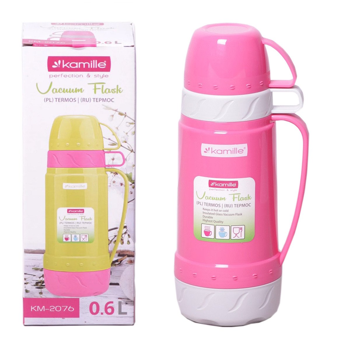 Термос Kamille 600 мл пластиковый со стеклянной колбой Розовый KM-2076RZ
