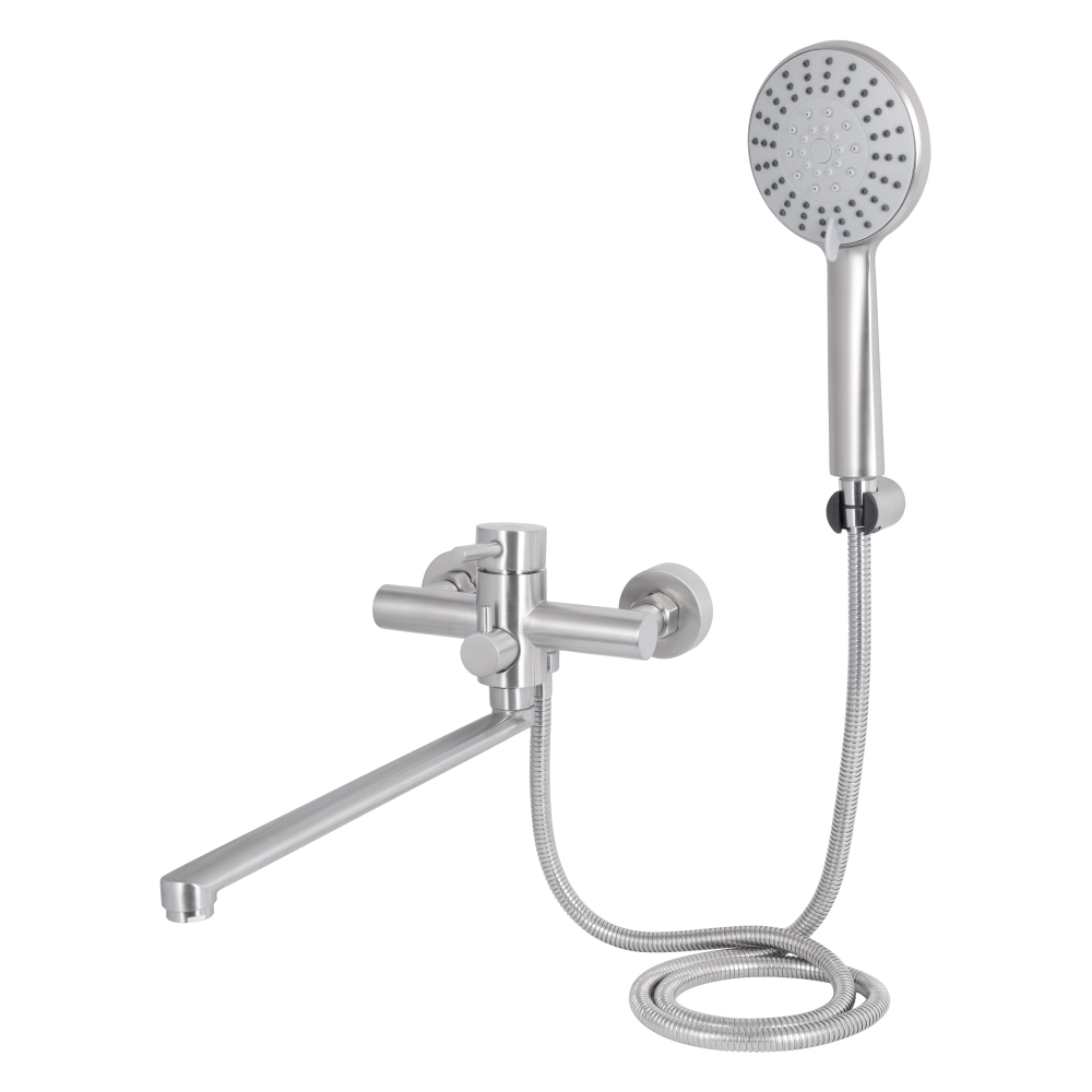 Змішувач для ванни Lidz Aria 005 Nickel k35 з довгим поворотним виливом та душовим гарнітуром