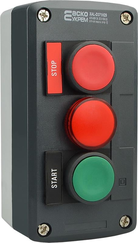 Пост трехместный АСКО-Укрем XAL-D371H29 Старт-Стоп-Сигнал 2.5А 220V 1NO+1NC IP54 индикатор Красный (A0140020069)