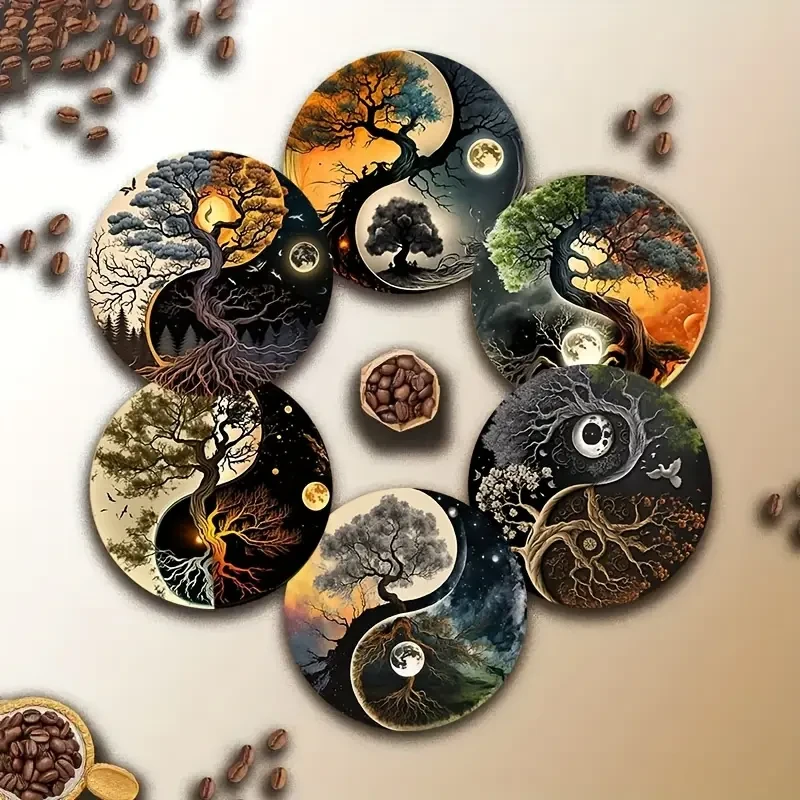 Набор деревянных подставок под чашки Дерево жизни Инь-янь 6 шт.