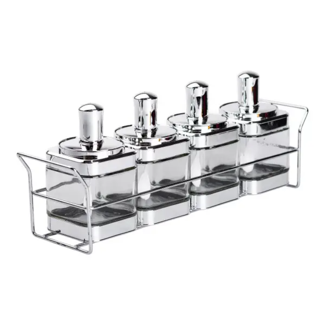 Набор банок для сыпучих продуктов 4 шт. с ложкой на подставке Хром Набор банок для сыпучих продуктов 4 шт. с ложкой на подставке Хром