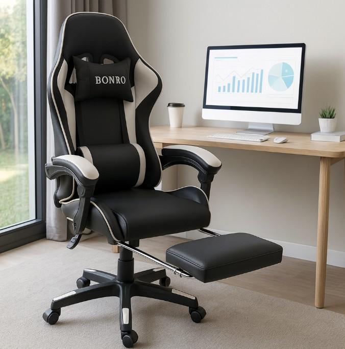 Кресло геймерское Bonro B-945 с подставкой для ног Черно-белый (29528879) - фото 3 Кресло геймерское Bonro B-945 с подставкой для ног Черно-белый (29528879) - фото 3