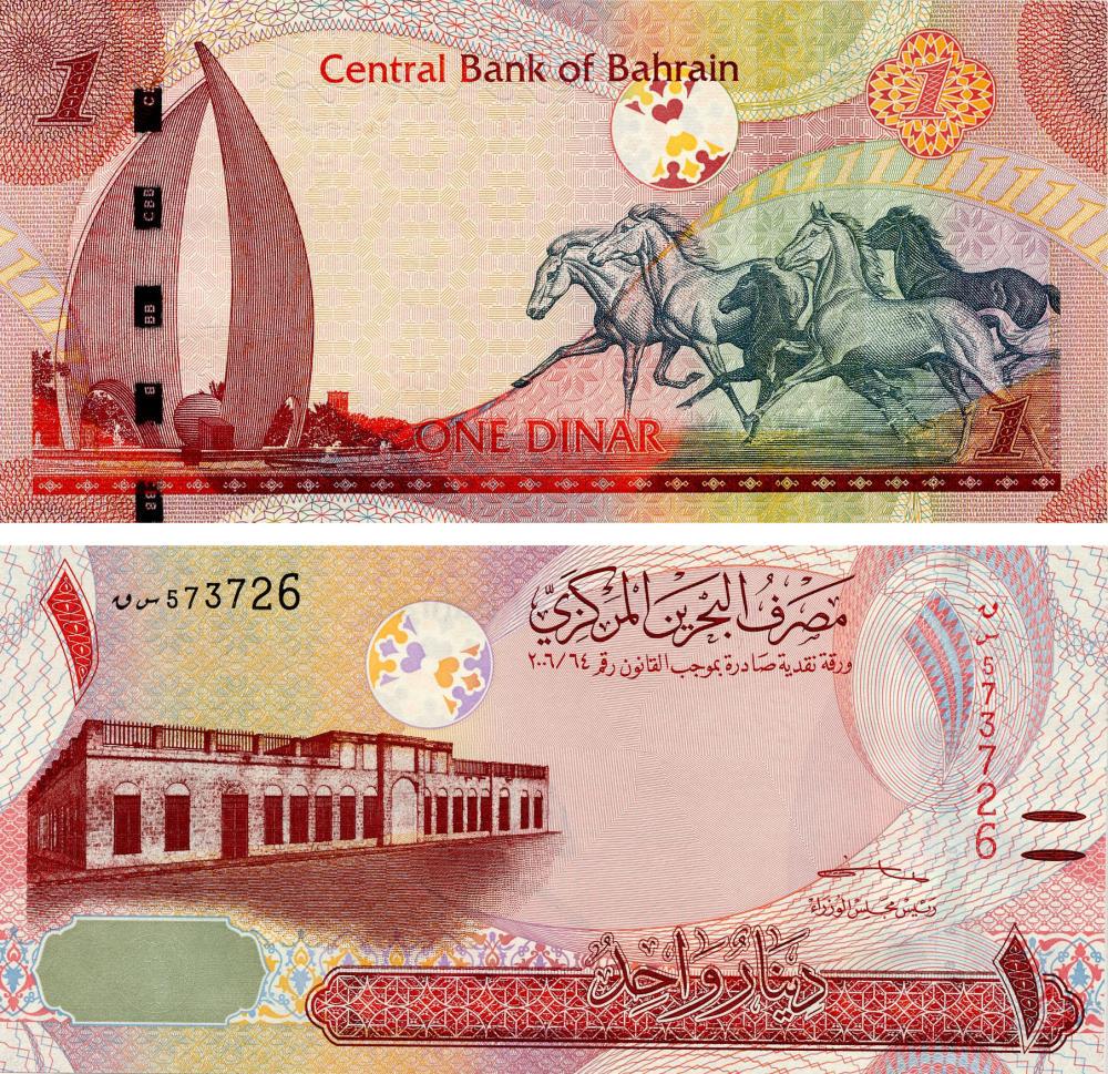 Коллекционная банкнота Бахрейн 1 динар 2016 UNC Кони Лошади P31 (Б17907)