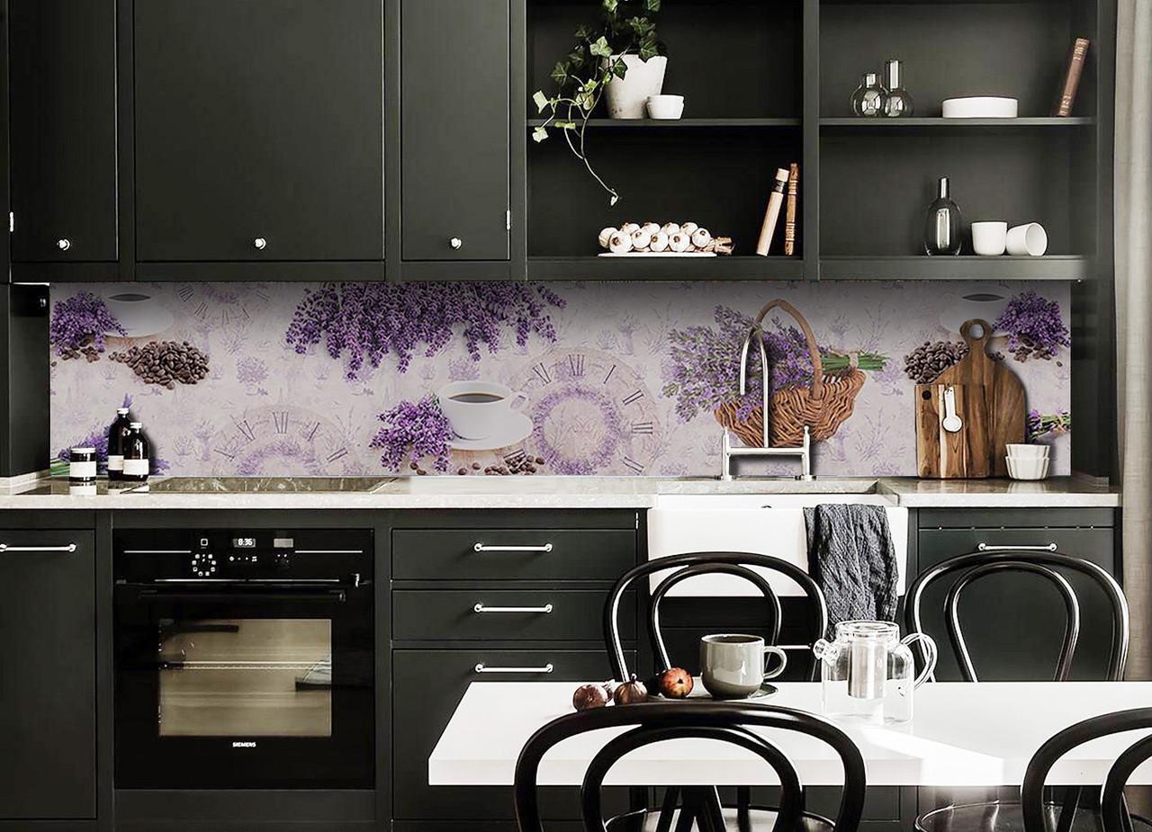 Кухонный фартук Лаванда корзинка кофе из самоклеющейся виниловой пленки 60х250 см Фиолетовый