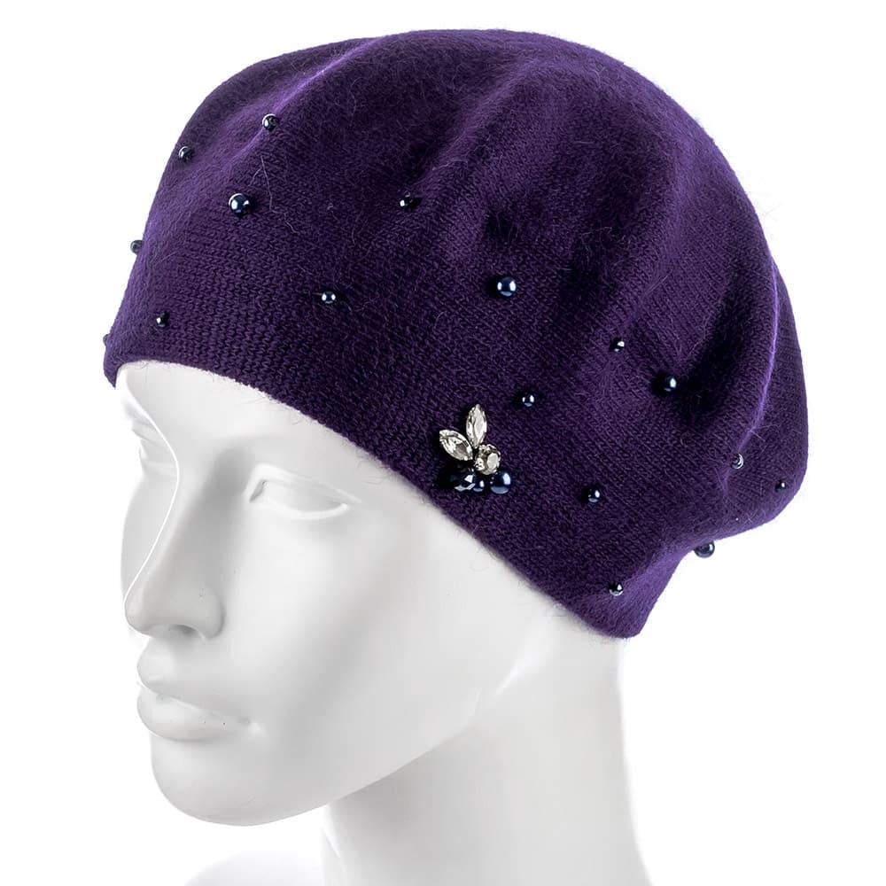 Берет женский Actrics WH767 из ангоры двойной с бусинами L/57-58 Ежевика