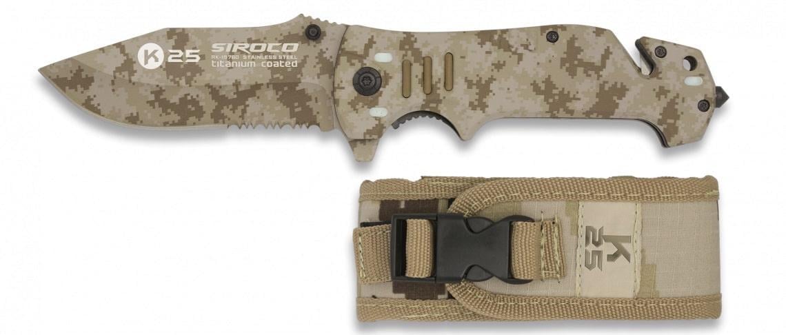 Карманный нож K25 Siroco Desert 93 мм 7Cr17Mov в нейлоновом футляре/нержавеющая сталь с титановым покрытием Камуфляж