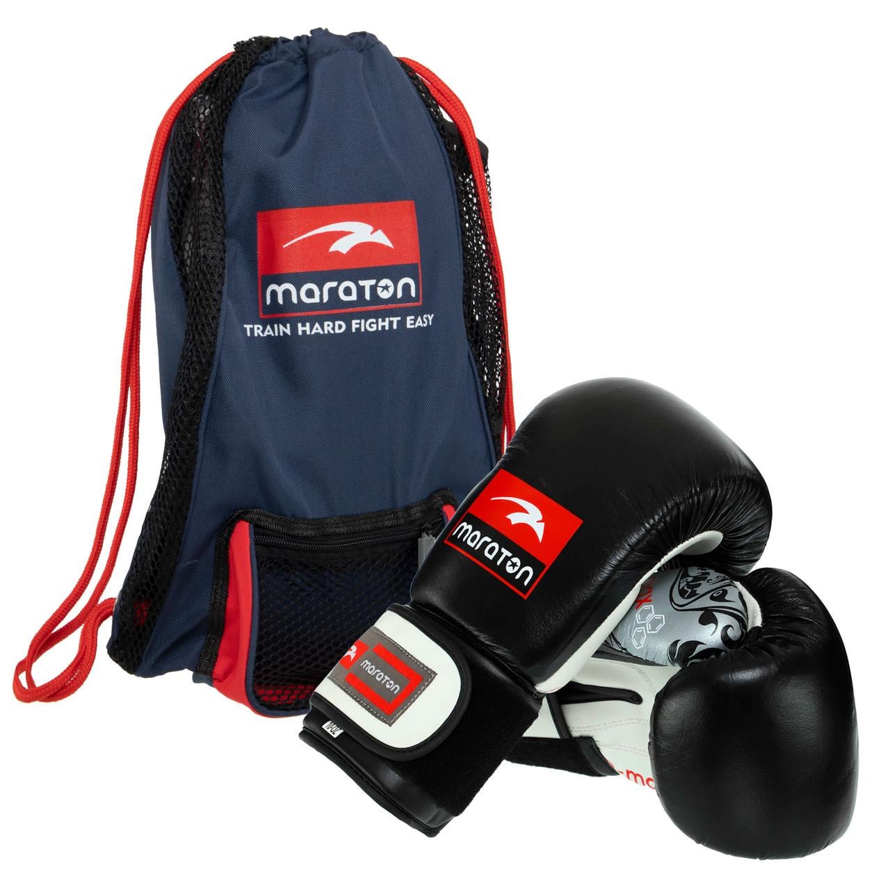 Набор боксерский Maraton DMAX Перчатки и сумка-мешок кожаный 14 oz Черно-белый (MRT-C4)