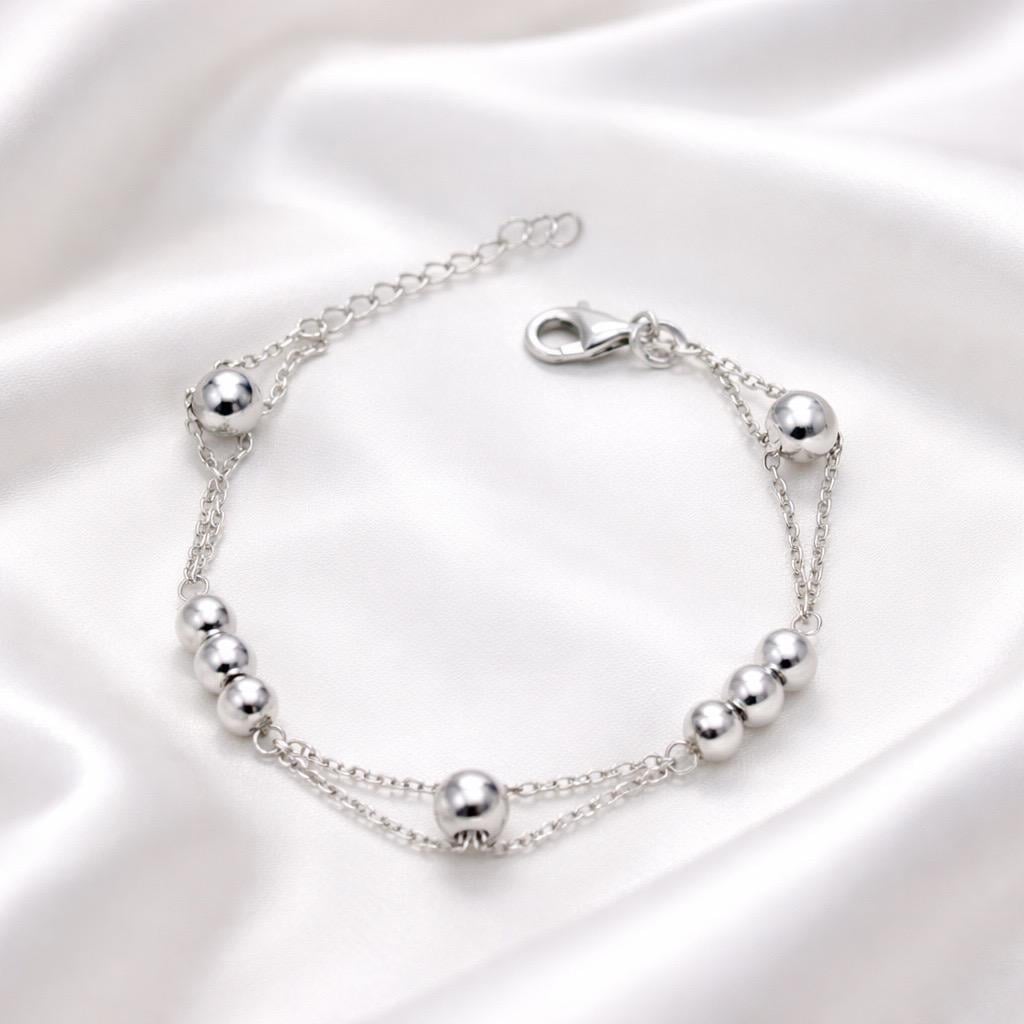 Браслет серебрянный с глянцевыми серебряными шариками круглой формы и двойной цепочкой р. 17-20 см