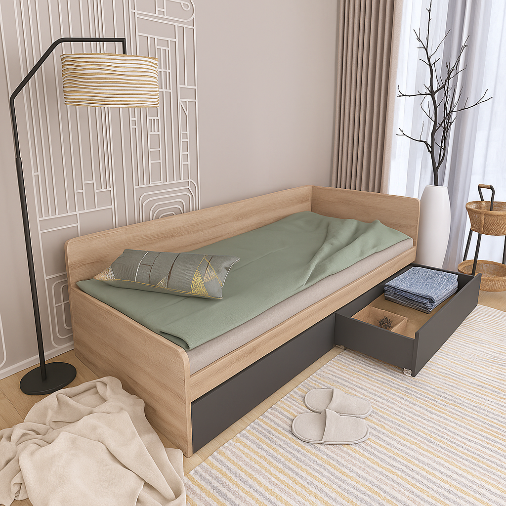 Кровать односпальная Еверест с ящиками 800 сплошной щит 80x190 см Дуб сонома/Графитовый (EVR-20739,01)