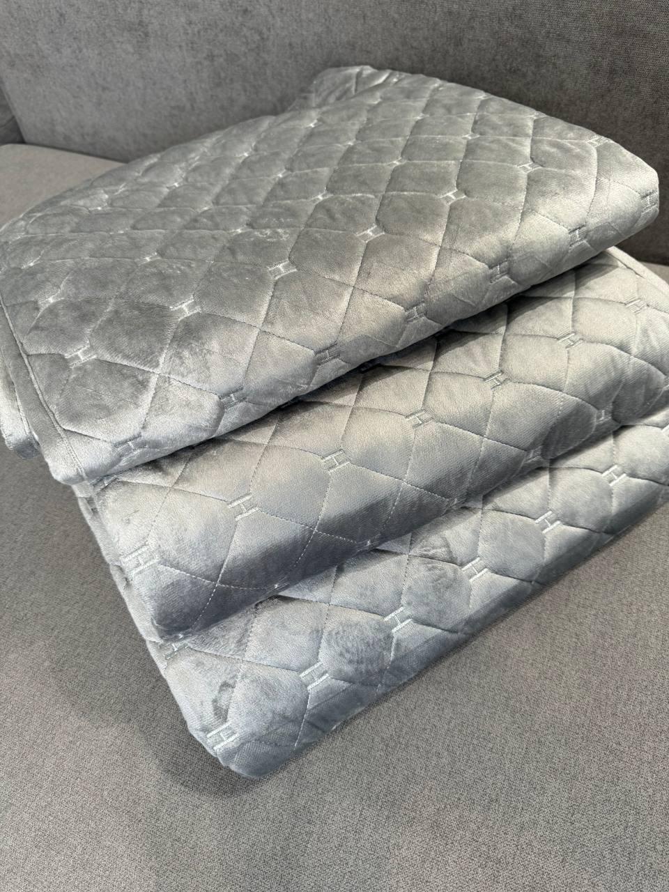 Комплект велюровий покривало на диван 90х210 см/накидки 2 шт. 90х160 см Сірий (П4К-am-divandek-0021) - фото 6