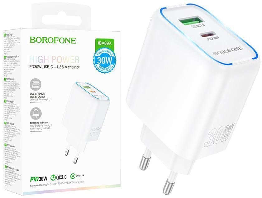 Зарядное устройство для Borofone BA89A 30W GaN PD3.0 QC3.0 порты USB/Type-C White (43359) Зарядное устройство для Borofone BA89A 30W GaN PD3.0 QC3.0 порты USB/Type-C White (43359)