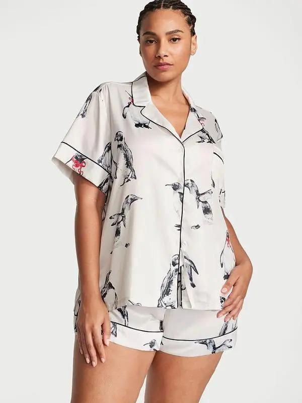 Піжама сорочка/шорти сатинова Victoria's Secret Satin Short Pajama Set S Білий (26710721)