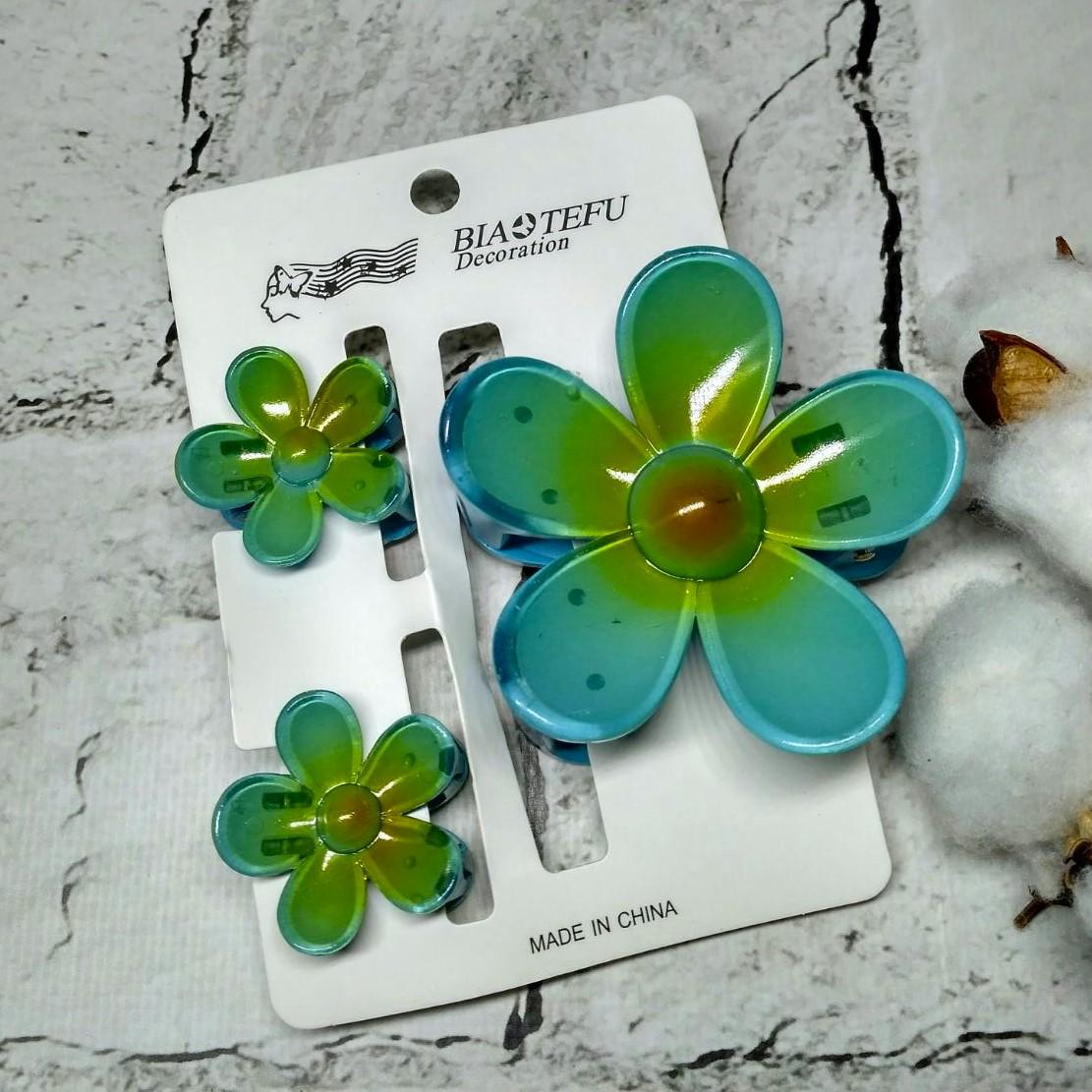 Крабик для волос Гавайский цветок заколка зажим набор из 3 шт. Голубой (21418-1)