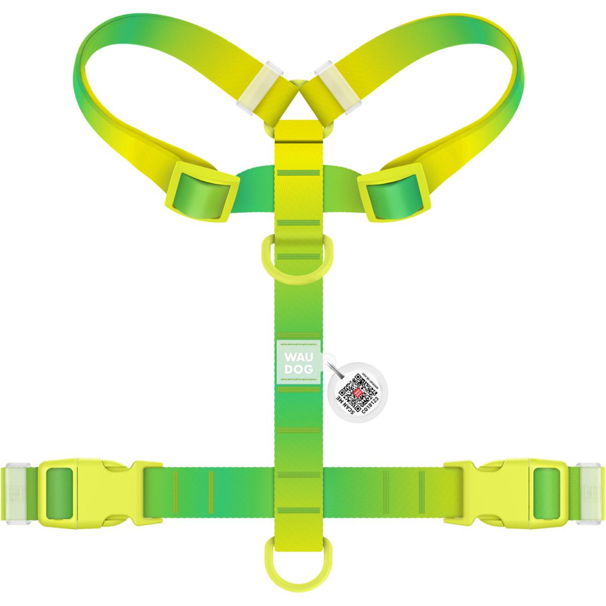 Шлея для собак анатомическая H-образная Waudog Nylon Recycled с QR-паспортом градиент пластиковый фастекс XL Салатовый