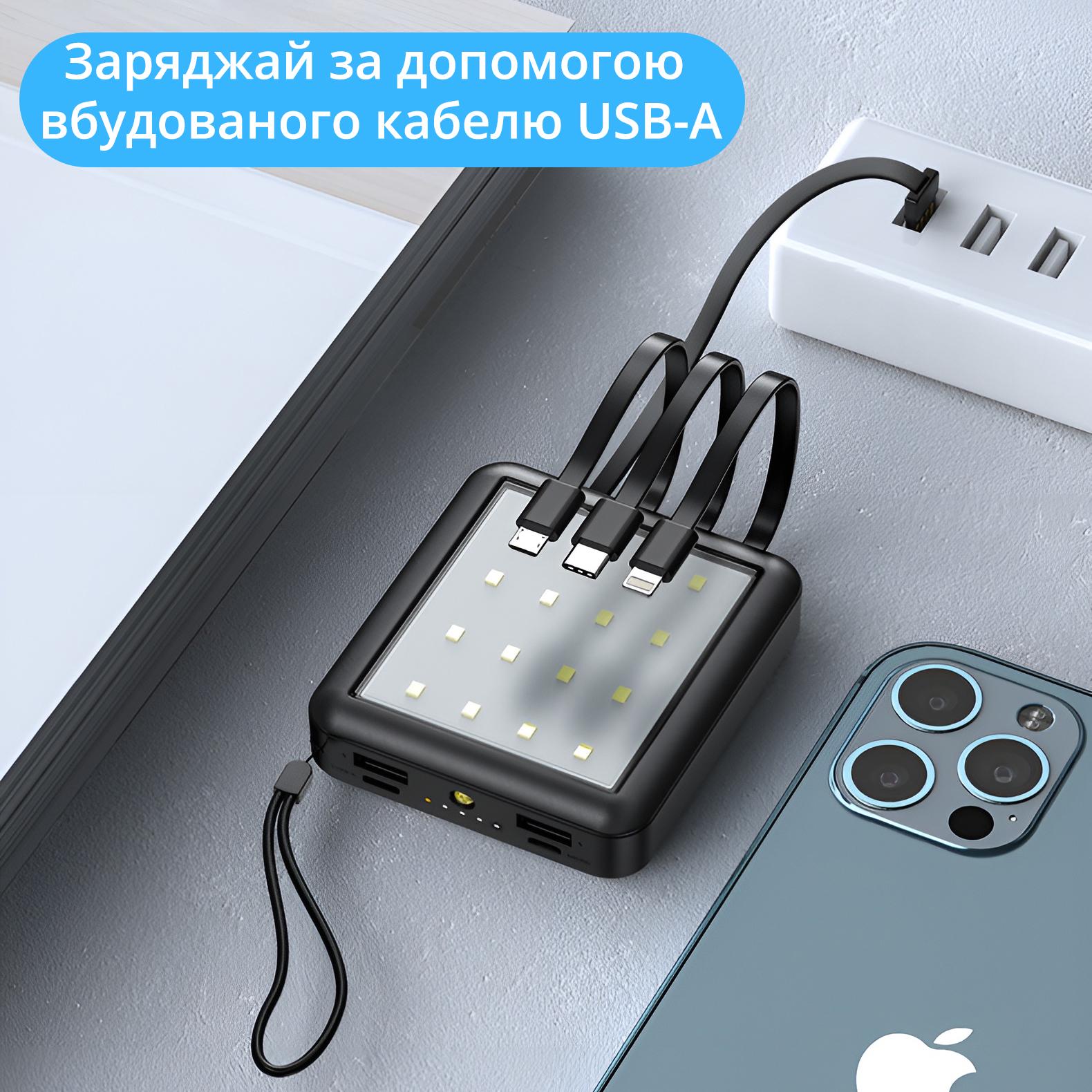 Акумулятор портативний 5000 mAh Power Bank на 2 USB виходи та 4 вбудовані кабелі Чорний - фото 10