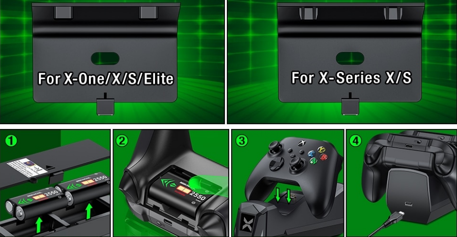 Док-станція BEBONCOOL + 2 акумулятора 2550 mAh для геймпадів Xbox One (S/X) / Elite / Series (S/X) / Чорний - фото 5 Док-станція BEBONCOOL + 2 акумулятора 2550 mAh для геймпадів Xbox One (S/X) / Elite / Series (S/X) / Чорний - фото 5