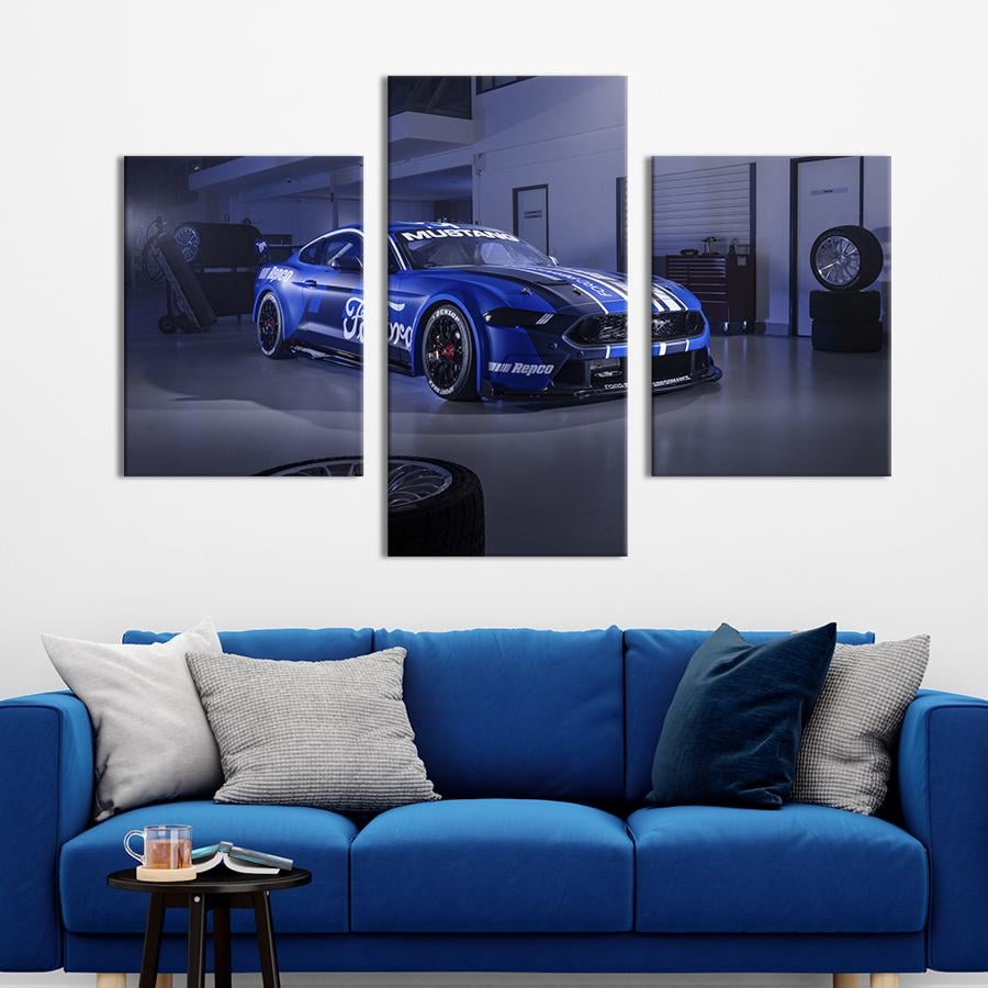 Картина на холсте триптих Гоночный автомобиль Ford Mustang GT Gen3 141x90 см (1284-32)
