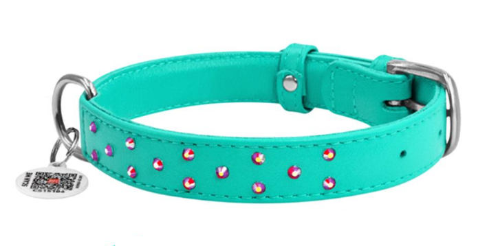 Ошейник для собак кожаный WAUDOG Glamour с QR паспортом с клеевыми стразами 25 мм 38-49 см Ментоловый (Collar327913)