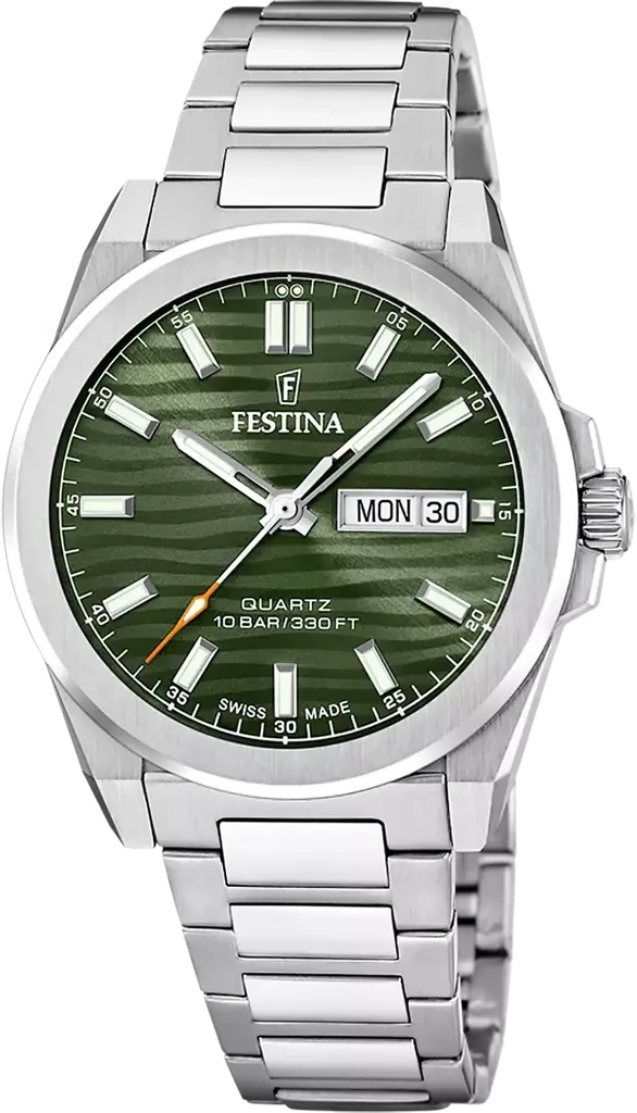 Наручные часы мужские Festina F20073/4 Dune Swiss Made со стальным корпусом/сапфировым стеклом WR 100 м и зеленым циферблатом